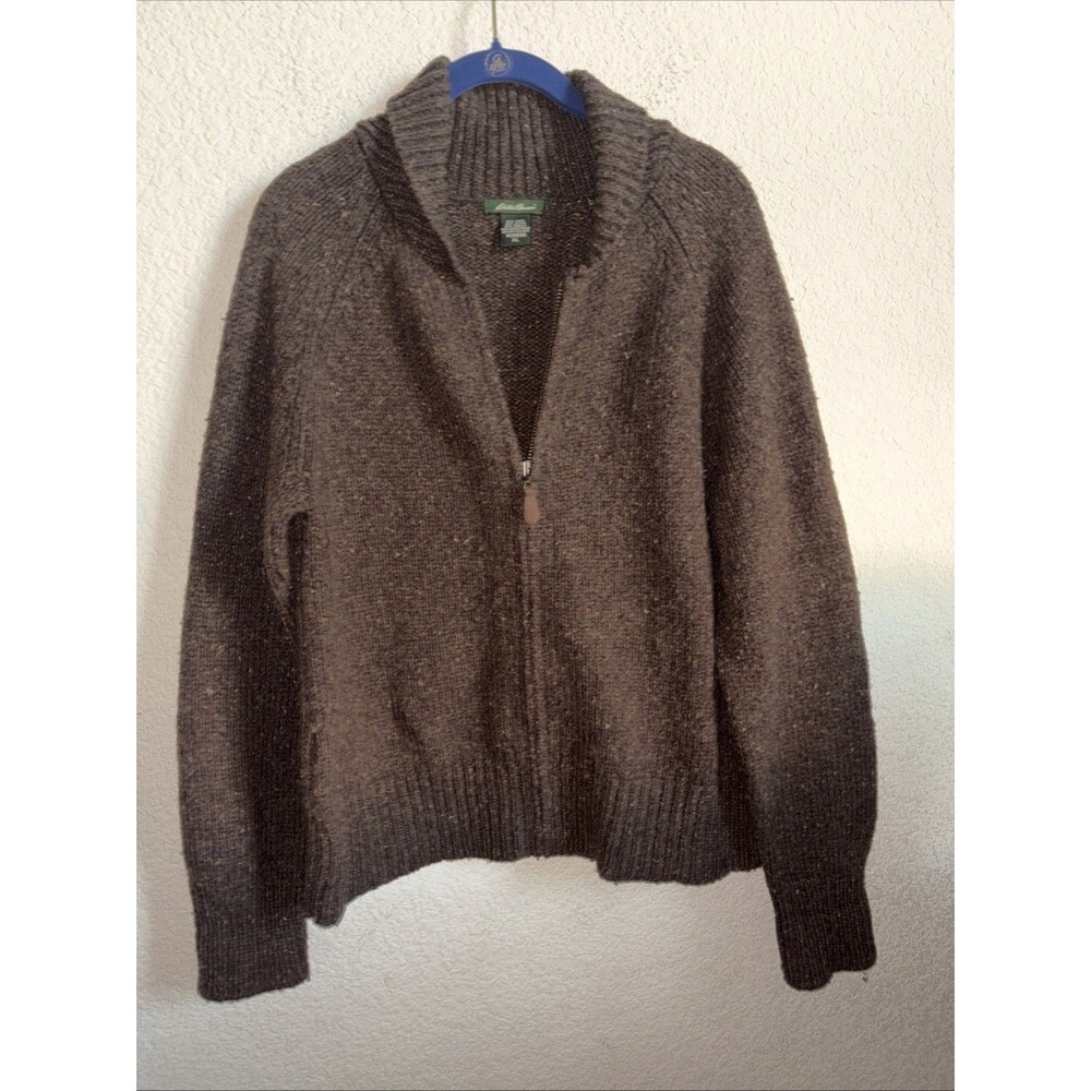 Eddie Bauer Wool Sweater Full Zip Cardigan Brown Grannycore Lagen Cottage XL VTG